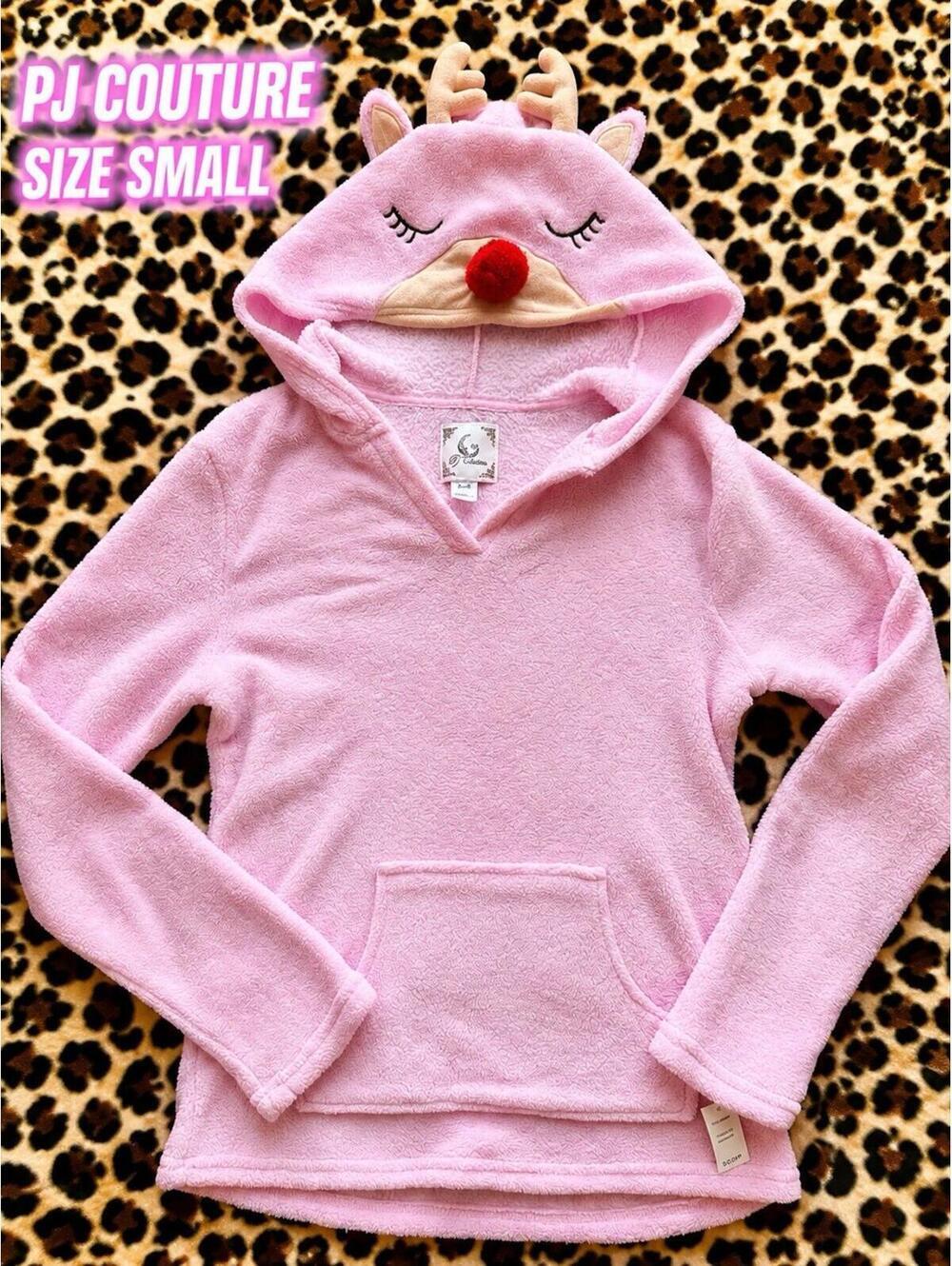 PJ Couture Raindeer Hodie Fleece Pullover Pajama Top Size Small - Picture 1 of 5